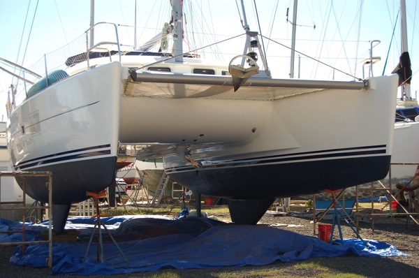 Each season we do a close inspection of Mattina’s bottom, rudders, thru-hulls, and sail drives. This helps keep the boat in great condition. 